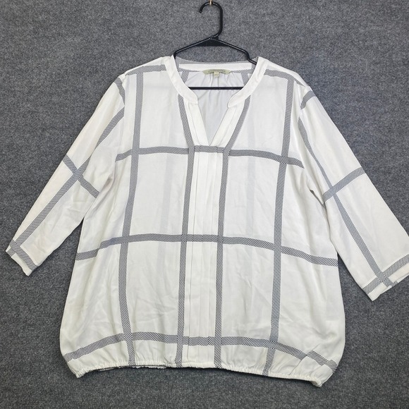 41 Hawthorn Tops - 41 Hawthorn Womens XL White Black Windowpane Plaid V-Neck 3/4 Sleeve Blouse